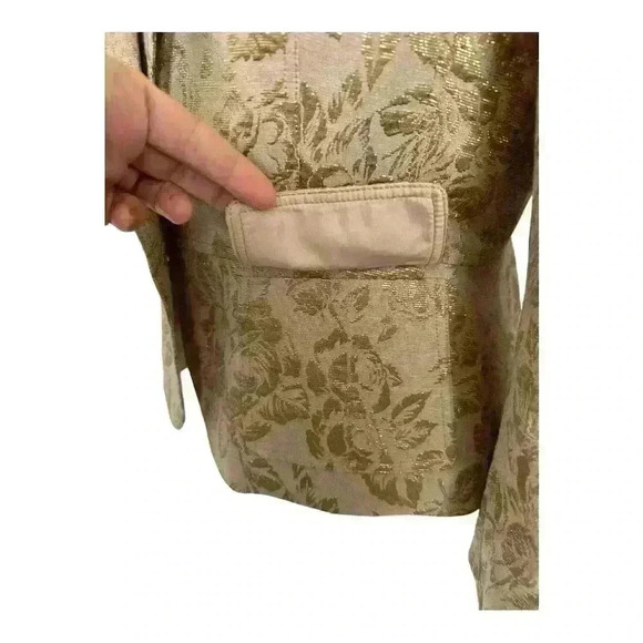 Anne Klein Holiday Blazer Tan with Metallic Gold Embroidery Floral Jacket Size 8 - Picture 4 of 10